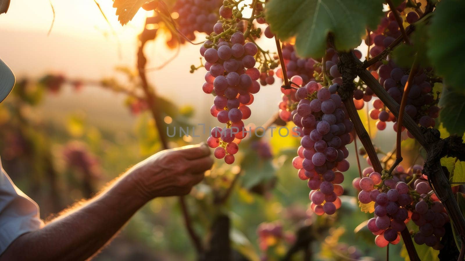 Man picking grapes: Manually picking red pink grapes on vineyards to make wine. Wine making, vineyards, tourism business, small and private business, chain restaurant, flavorful food and drinks