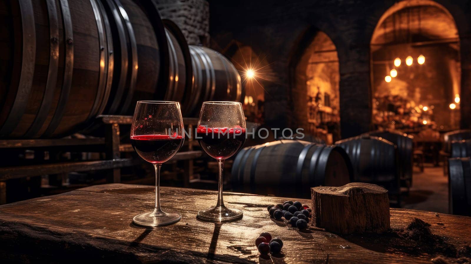 Wine cellar with wine barrels, modern and clean with oak barrels for aging and transport. Wine making, vineyards, tourism business, small and private business, chain restaurant, flavorful food and drinks