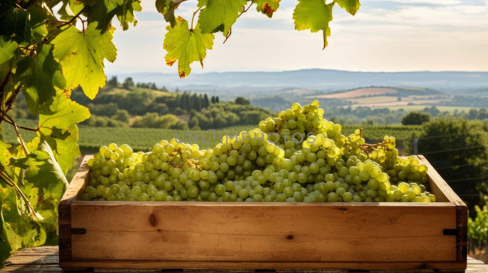 Collection of green grapes. Grapes in a basket and in the vineyard. Autumn mood in the wine industry countryside against the backdrop of the sun. Wine making, vineyards, tourism business, small and private business, chain restaurant, flavorful food