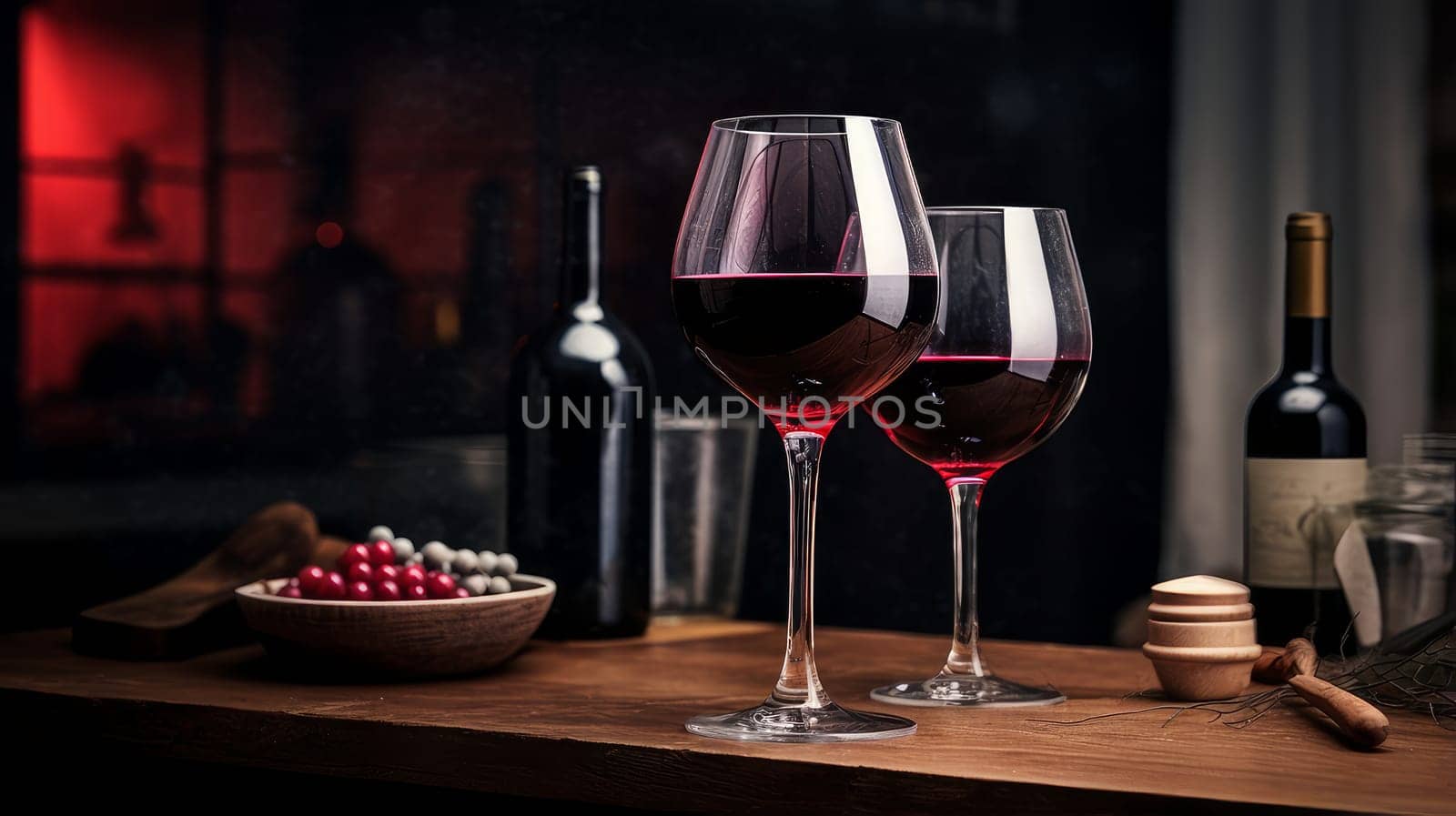 Refined still life with red wine, cheese and grapes on a wicker tray on a wooden table on a dark background. Wine making, vineyards, tourism business, small and private business, chain restaurant, flavorful food and drinks