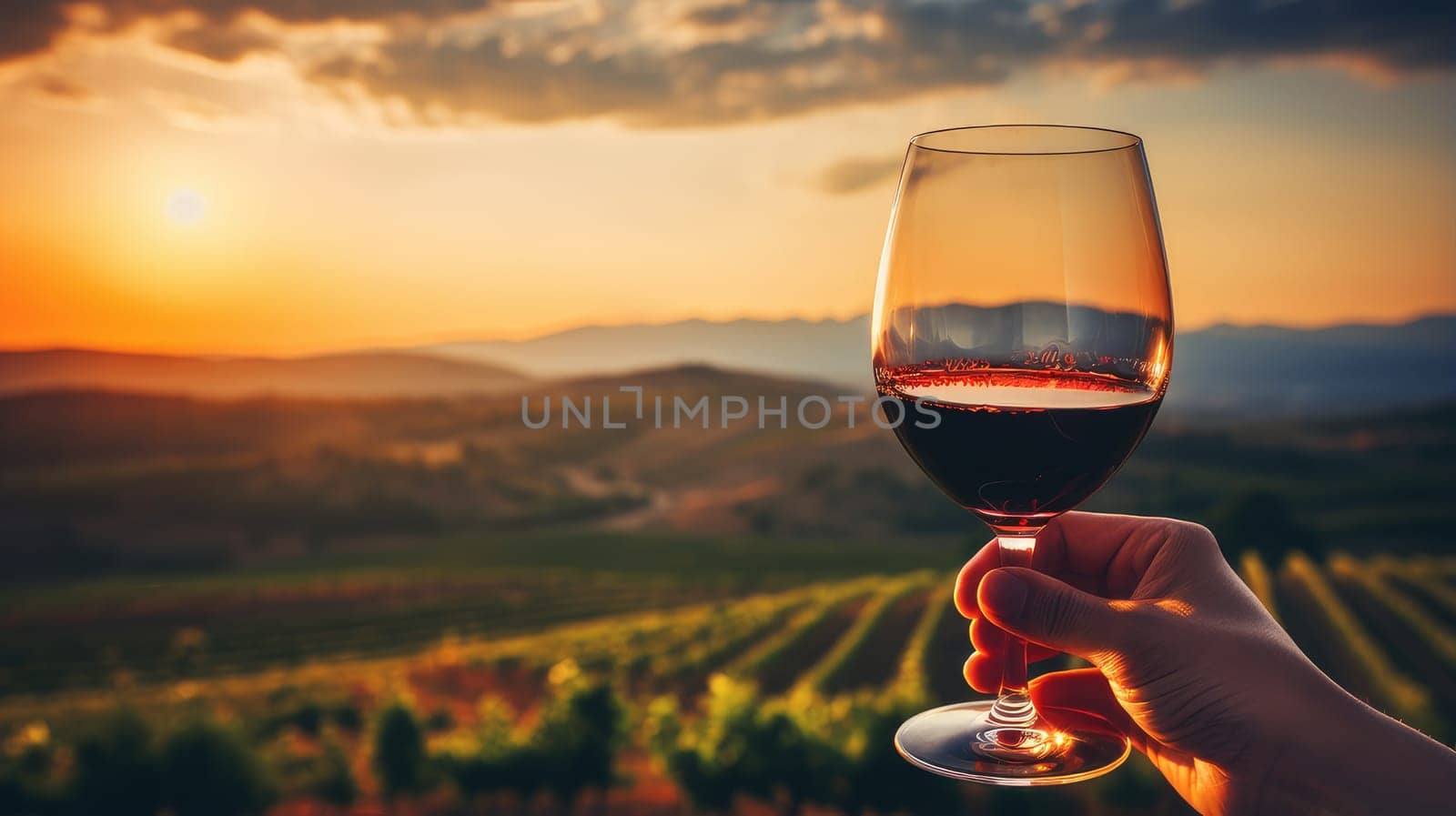 Red wine swirls in a glass. A bush of grapes before harvest. A hand holds a glass of white wine against a vineyard in the background of a rural landscape during sunset. Wine making, vineyards, tourism business, small and private business,