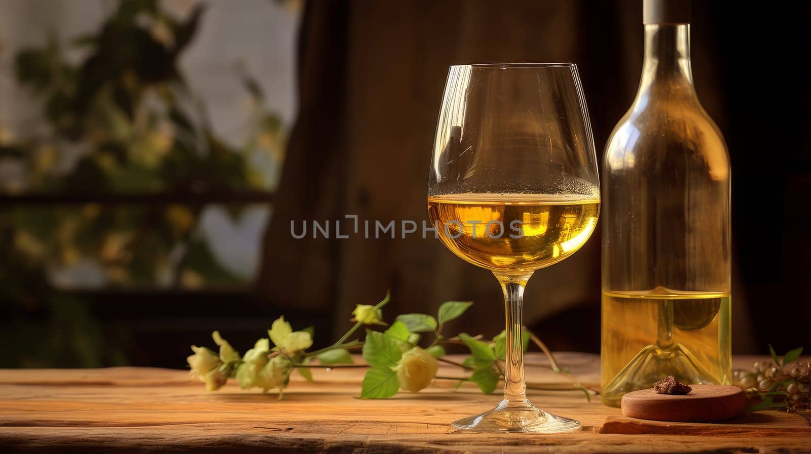 Refined still life with white wine, cheese and grapes on a wicker tray on a wooden table on a dark background. Wine making, vineyards, tourism business, small and private business, chain restaurant, flavorful food and drinks