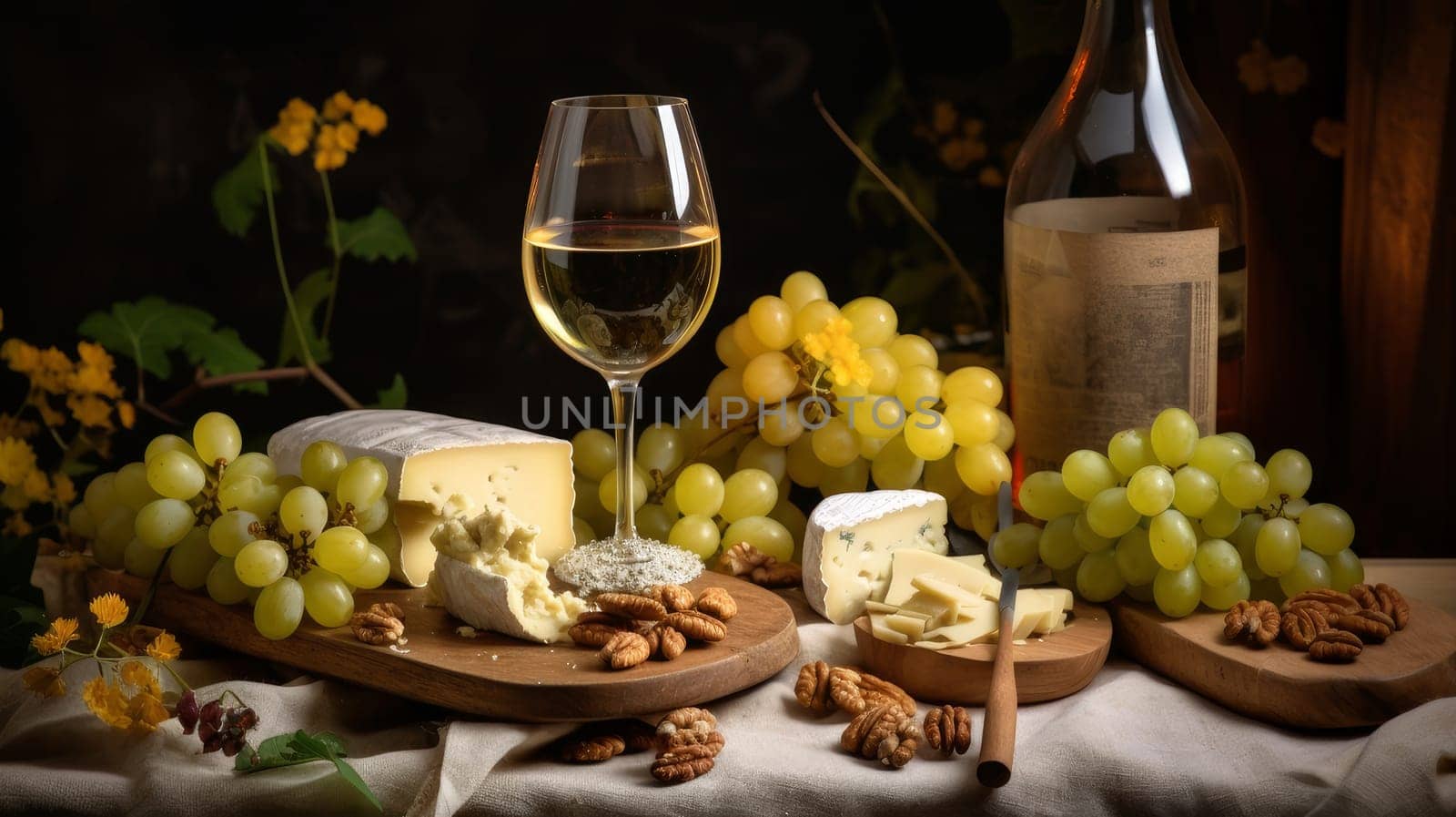 Refined still life with white wine, cheese and grapes on a wicker tray on a wooden table on a dark background. Wine making, vineyards, tourism business, small and private business, chain restaurant, flavorful food and drinks