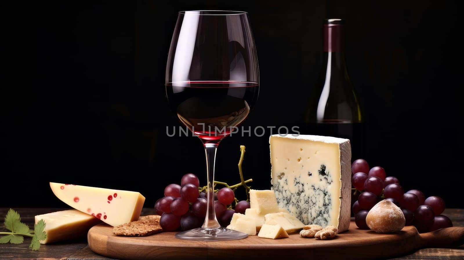 Refined still life with red wine, cheese and grapes on a wicker tray on a wooden table on a dark background. Wine making, vineyards, tourism business, small and private business, chain restaurant, flavorful food and drinks