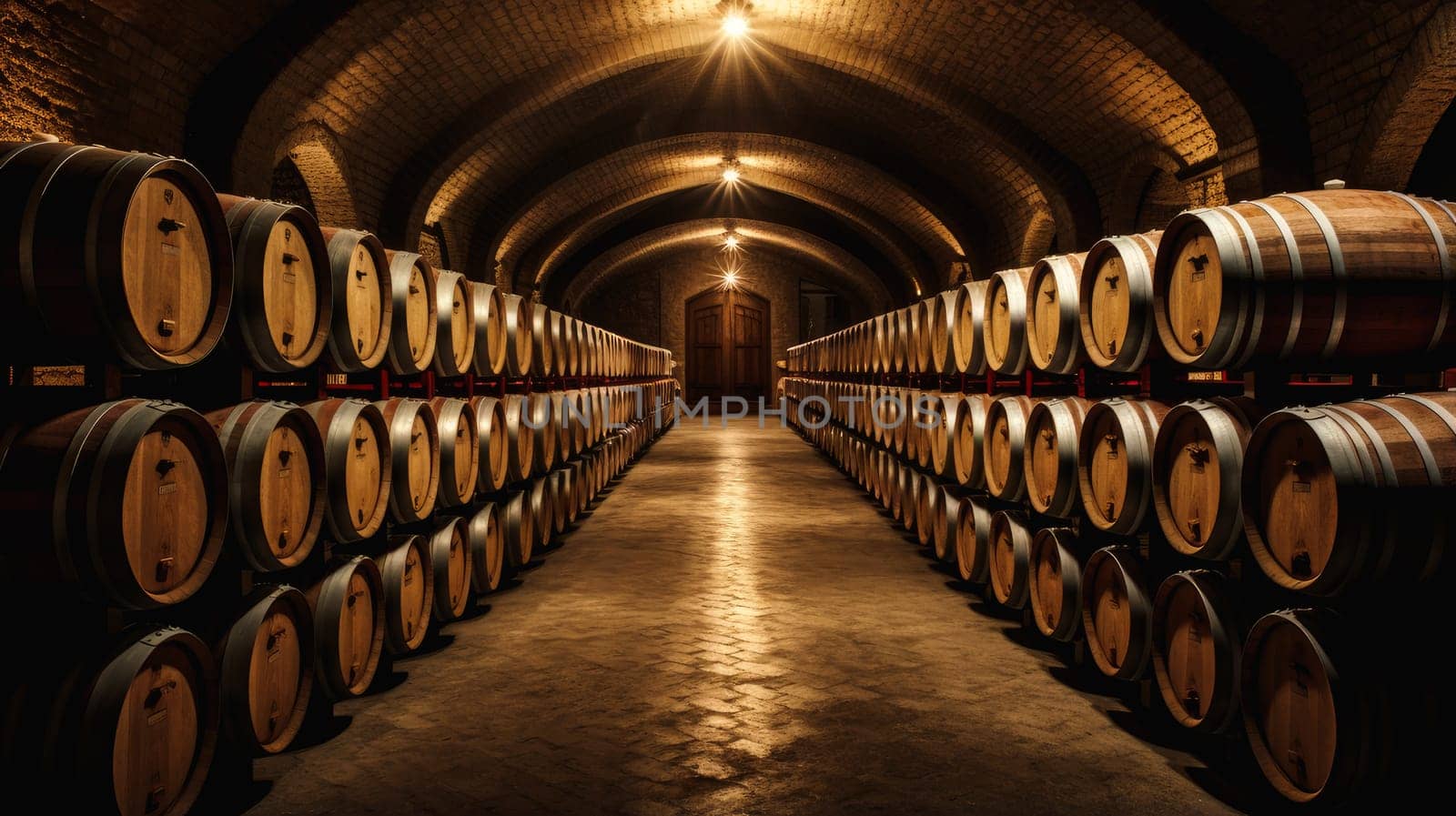 Wine cellar with wine barrels, modern and clean with oak barrels for aging and transport. Wine making, vineyards, tourism business, small and private business, chain restaurant, flavorful food and drinks