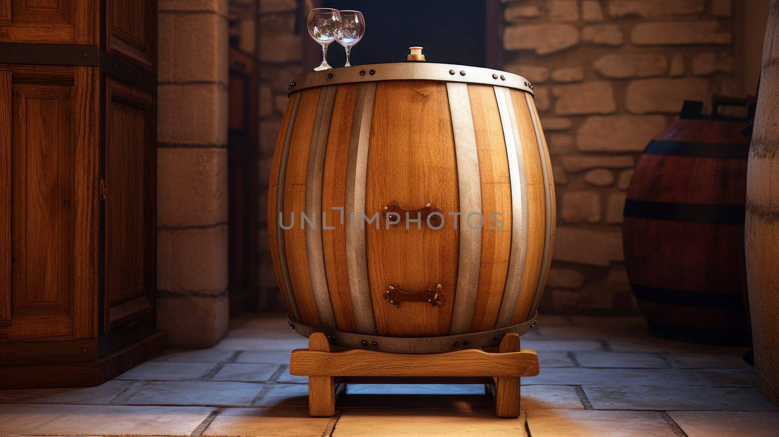 Wine cellar with wine barrels, modern and clean with oak barrels for aging and transport. Wine making, vineyards, tourism business, small and private business, chain restaurant, flavorful food and drinks