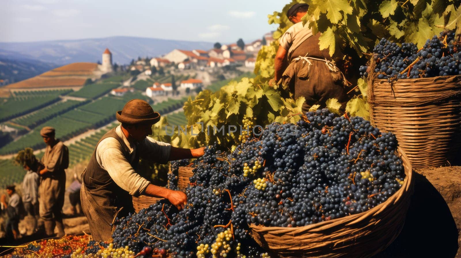 Man picking grapes: Manually picking blue grapes on vineyards to make wine. Wine making, vineyards, tourism business, small and private business, chain restaurant, flavorful food and drinks