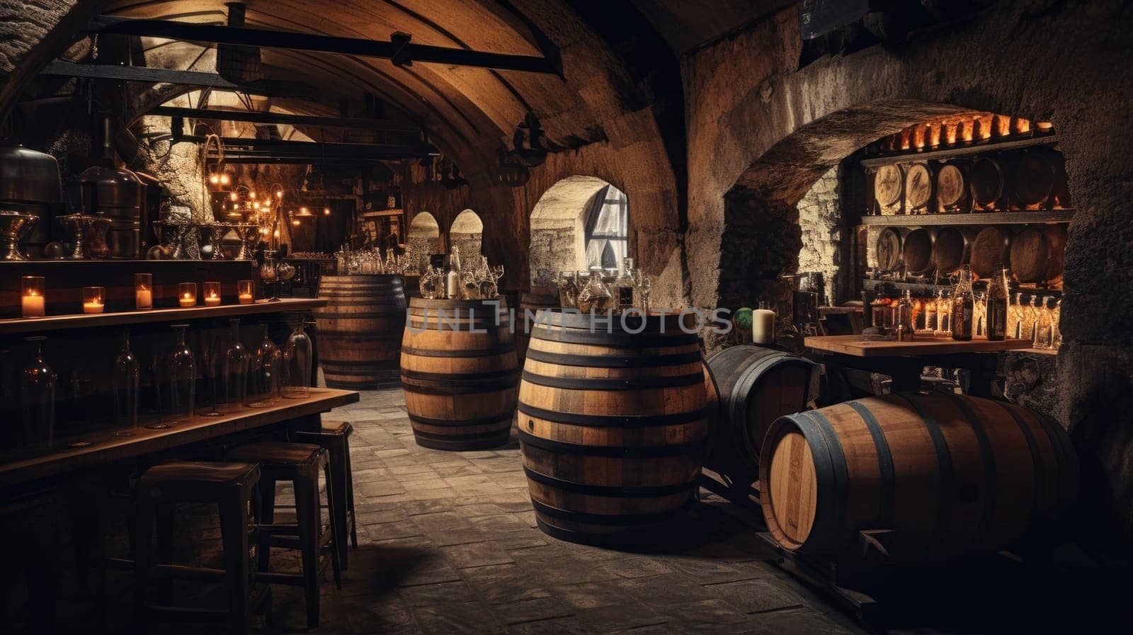 Wine cellar with wine barrels, modern and clean with oak barrels for aging and transport. Wine making, vineyards, tourism business, small and private business, chain restaurant, flavorful food and drinks