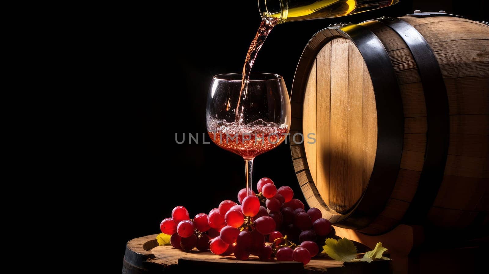 Refined still life with red wine, cheese and grapes on a wicker tray on a wooden table on a dark background. Wine making, vineyards, tourism business, small and private business, chain restaurant, flavorful food and drinks