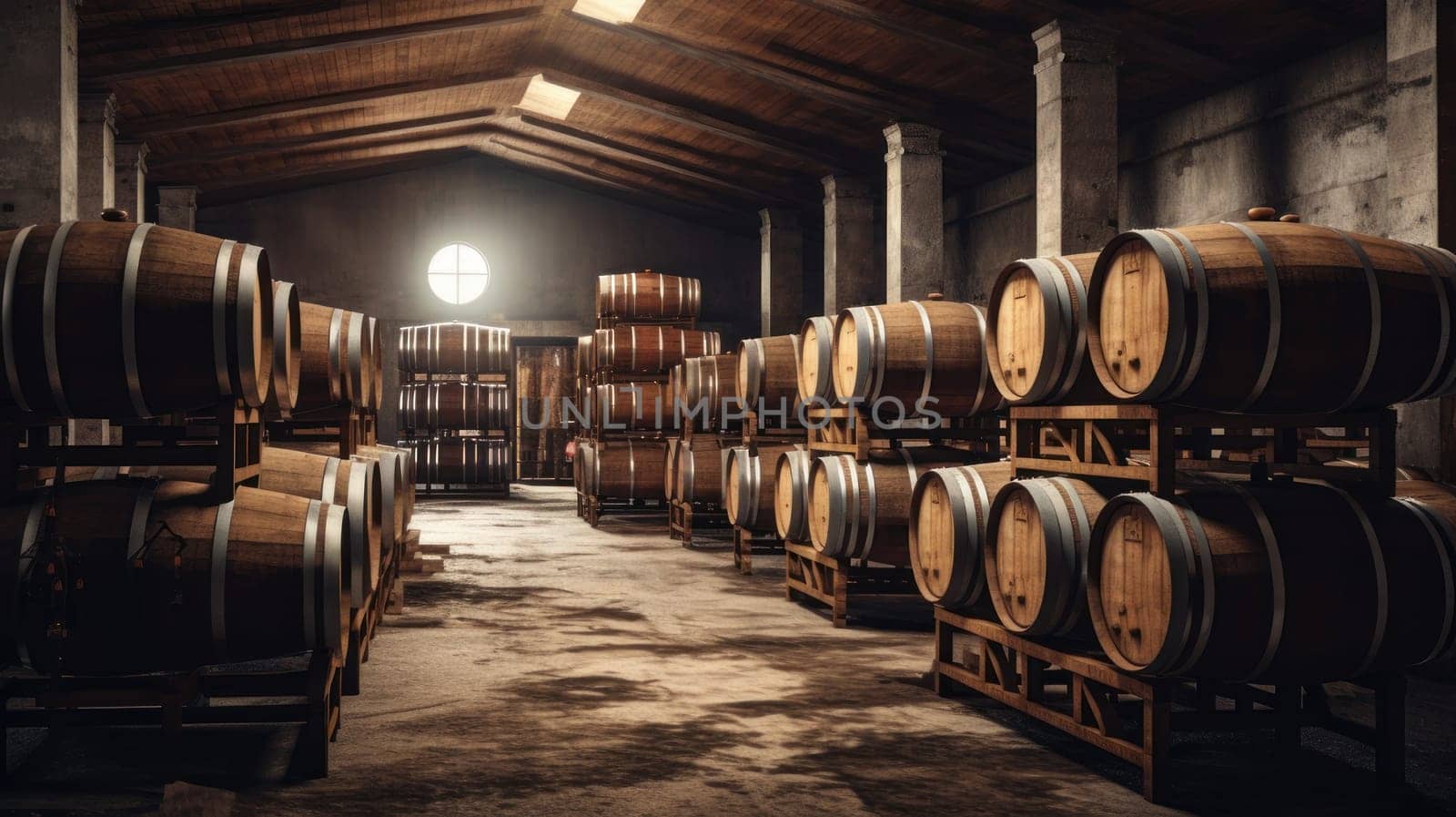 Wine cellar with wine barrels, modern and clean with oak barrels for aging and transport. Wine making, vineyards, tourism business, small and private business, chain restaurant, flavorful food and drinks