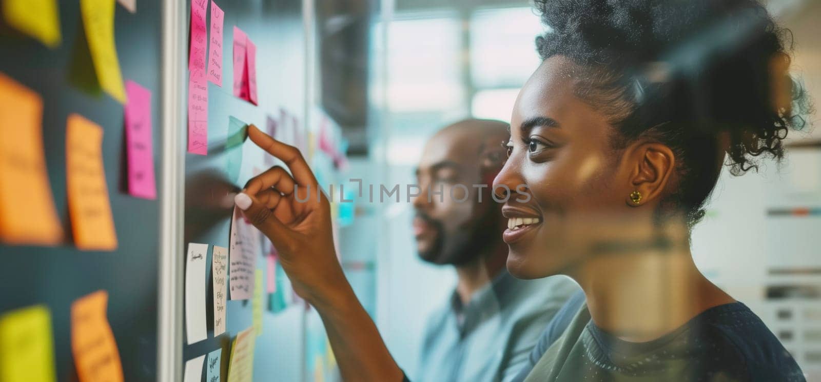 Board room, business, office, colleagues businesspeople planning, brainstorming with sticky notes for ideas, woman and man making note, sets task for company growth