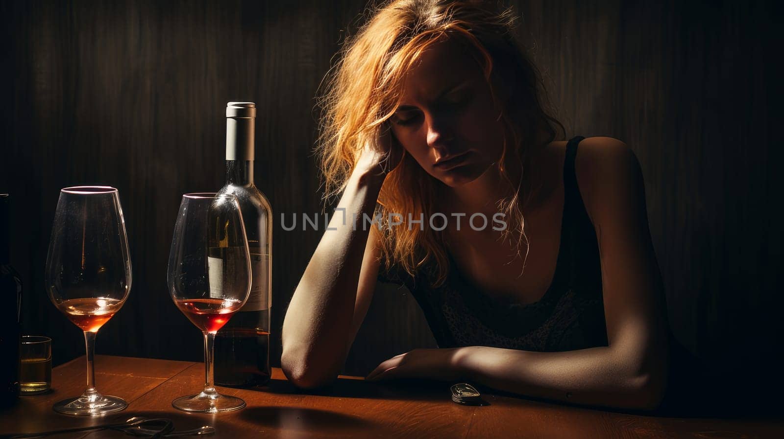 alcoholism, alcohol addiction and people concept - drunk woman or alcoholic woman drinking wine and spirits at home, alcohol problems. by Alla_Yurtayeva