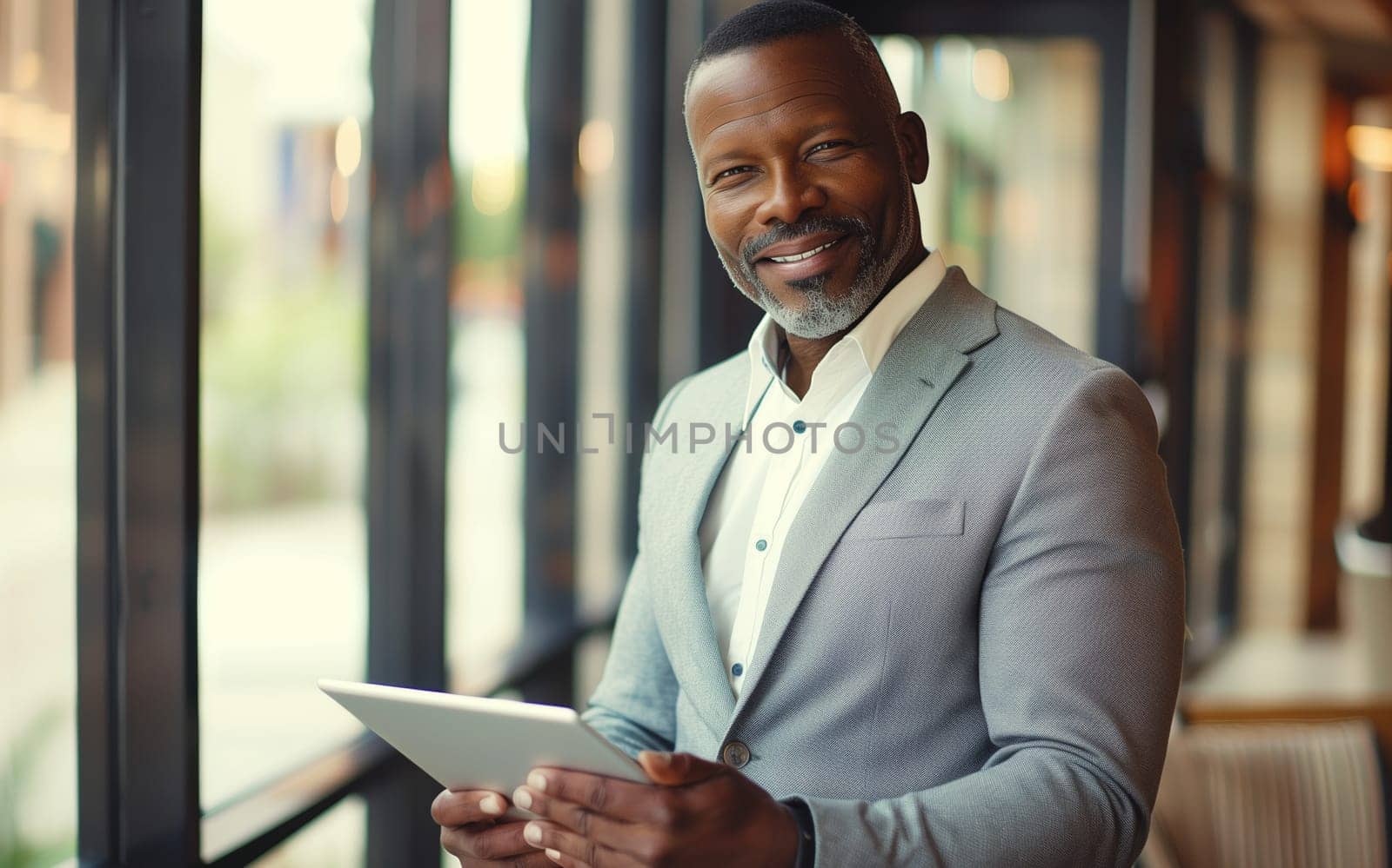 Portrait of confident African American businessman holding digital tablet computer standing in the office wearing business suit and looking at camera