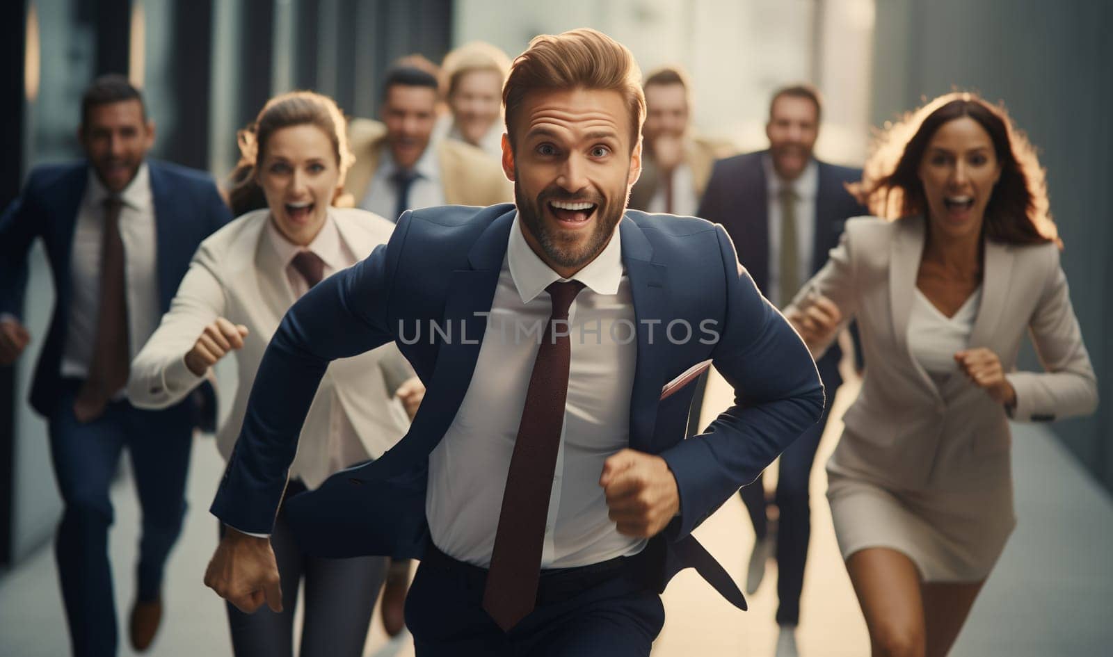 Funny running joyful businessman with colleagues having a race in the office, business people having fun together