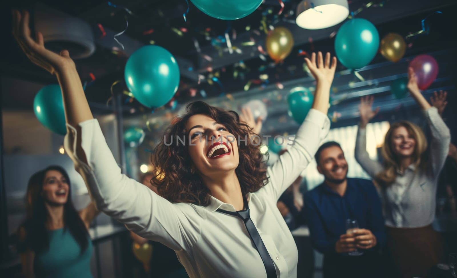 Joyful businesswoman celebrating with her colleagues business people, woman having a party having fun in the office