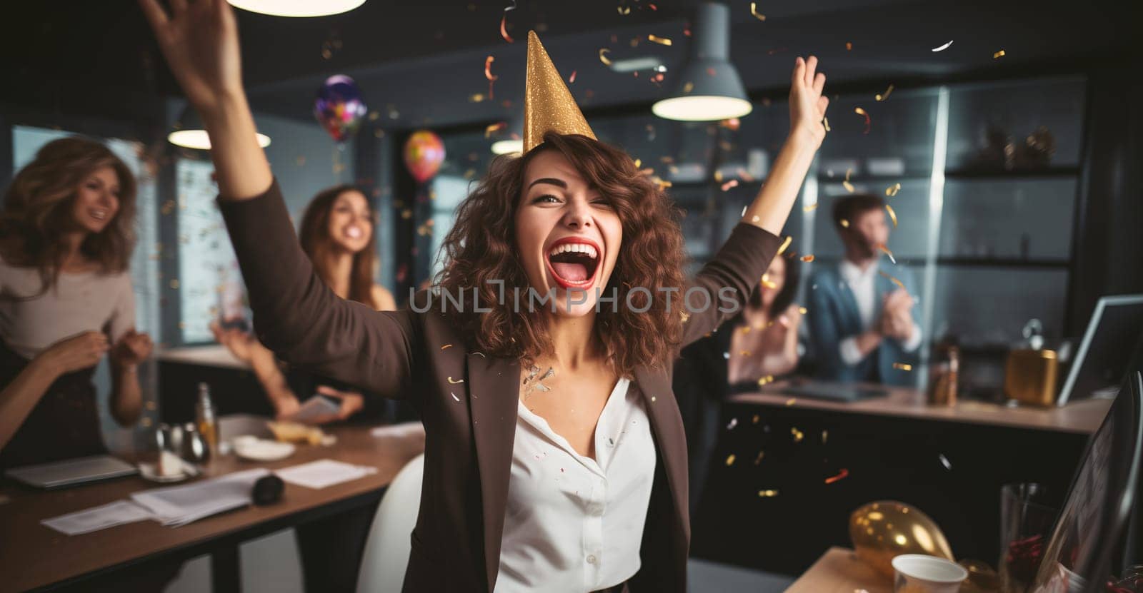 Joyful businesswoman celebrating with her colleagues business people, woman having a party having fun in the office