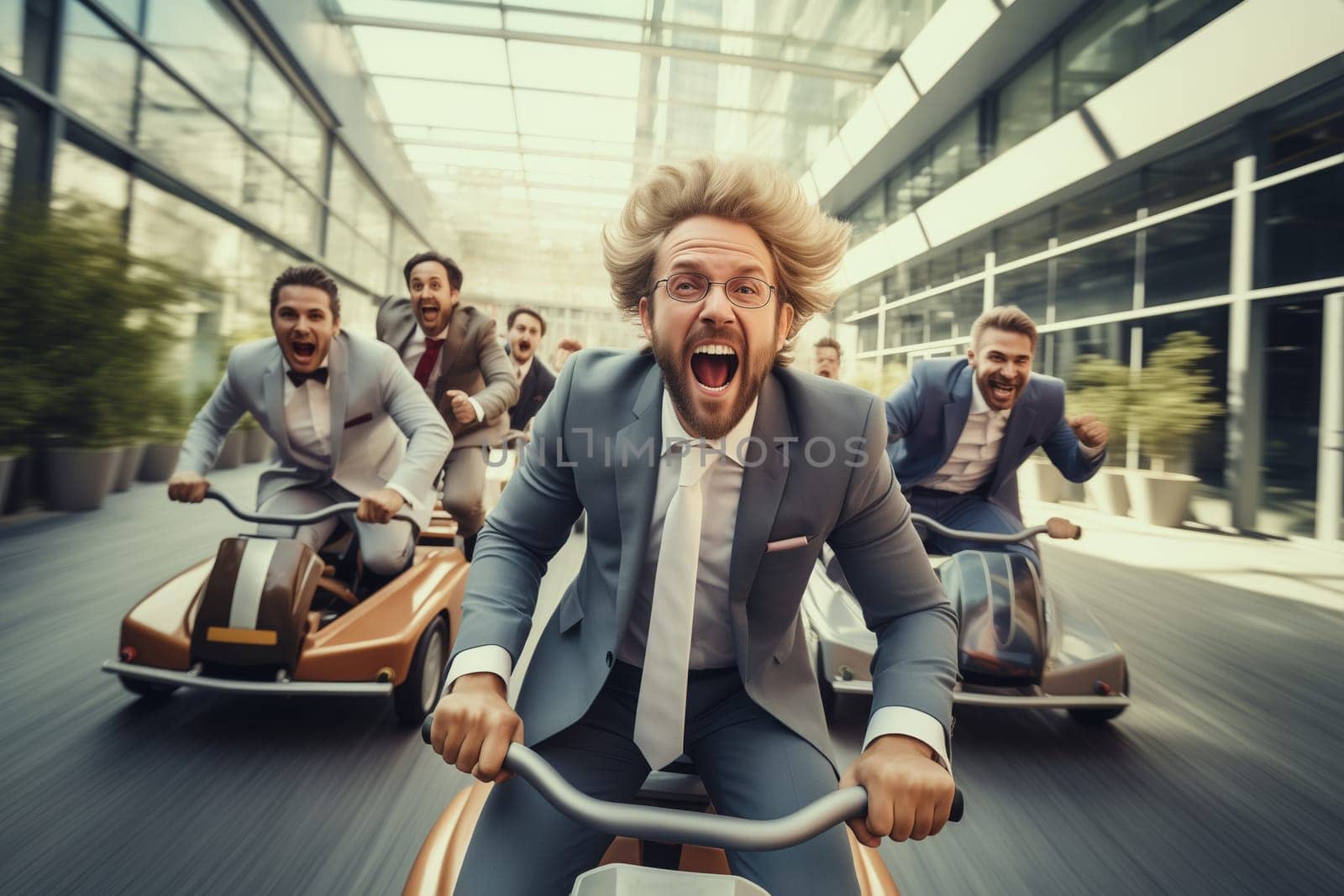 Funny running joyful businessman with colleagues having a race in the office, business people having fun together