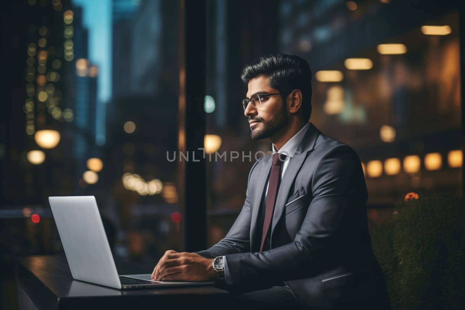 Modern successful young indian businessman sitting at desk and working at the laptop in the office late at night