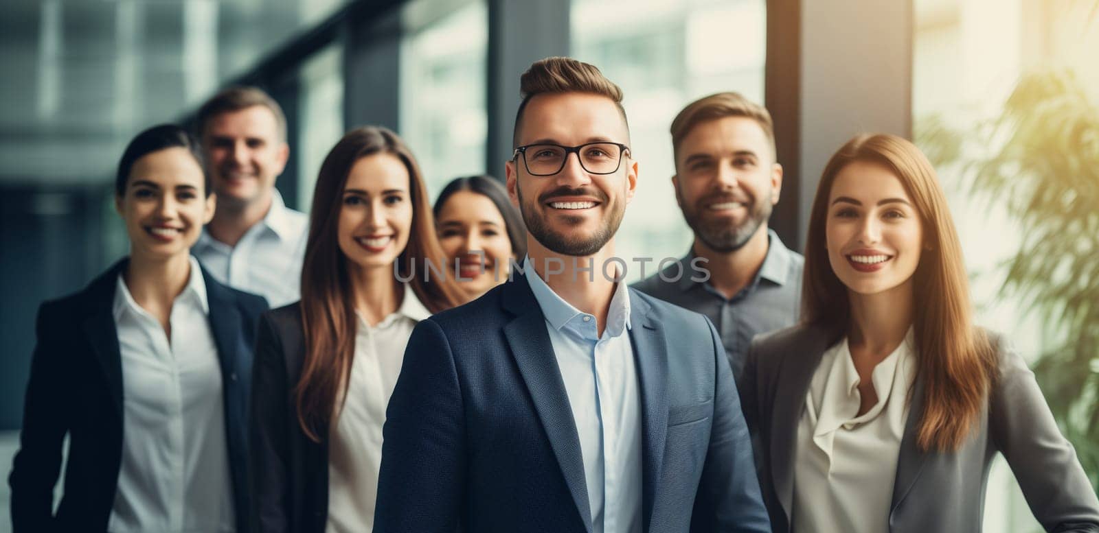 Portrait of happy group business people standing together in the office, happy colleagues in suit looking at camera