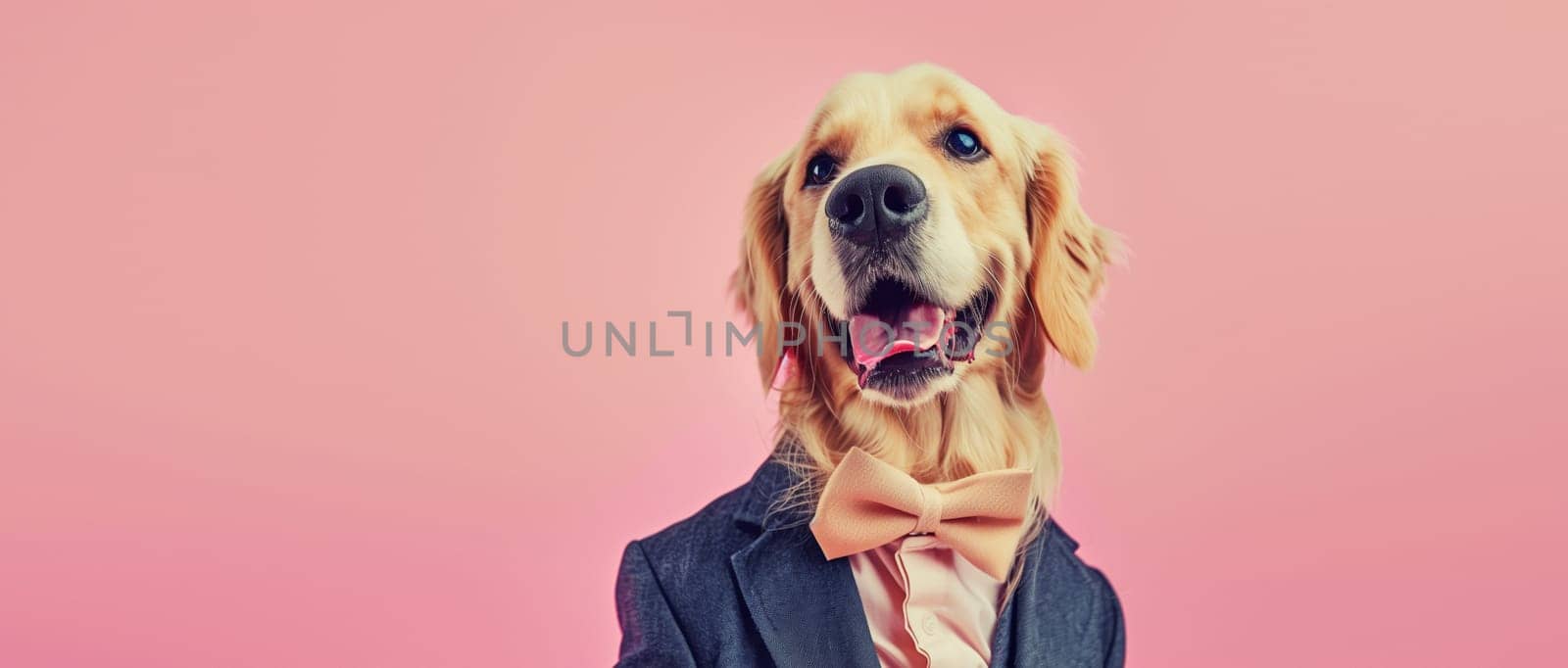 Portrait of happy stylish funny dog gentleman in a suit with bow tie looking at the camera on a pink background, animal, creative concept