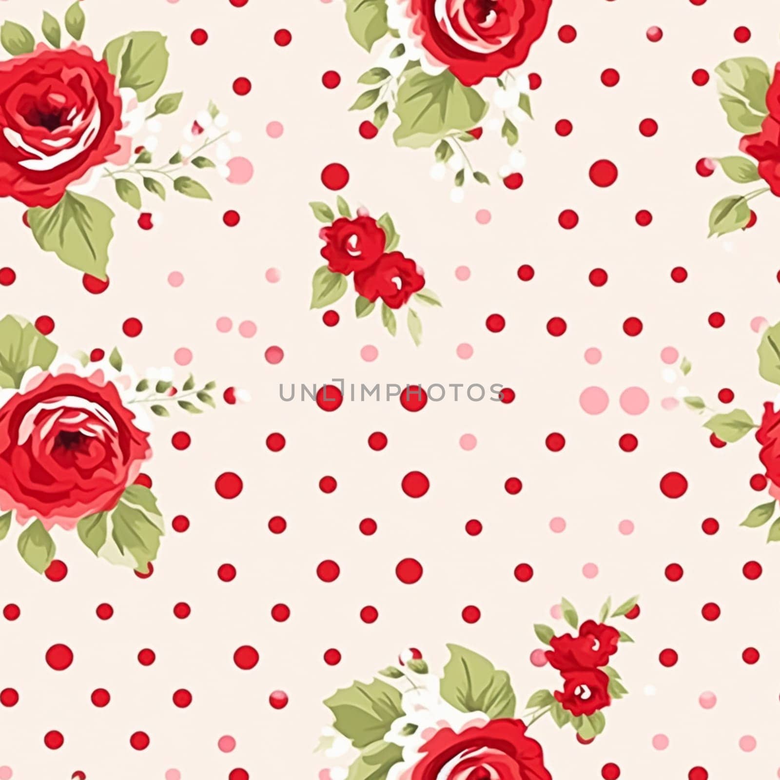 Seamless pattern, tileable floral country holiday print with roses, dots and flowers for wallpaper, wrapping paper, scrapbook, fabric and polka dot roses product design by Anneleven