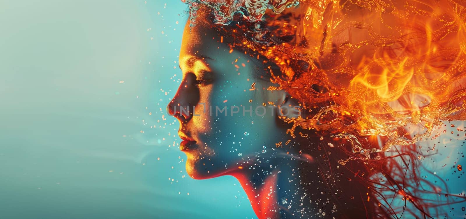 Double exposure portrait profile of water fire woman, nature, element concept