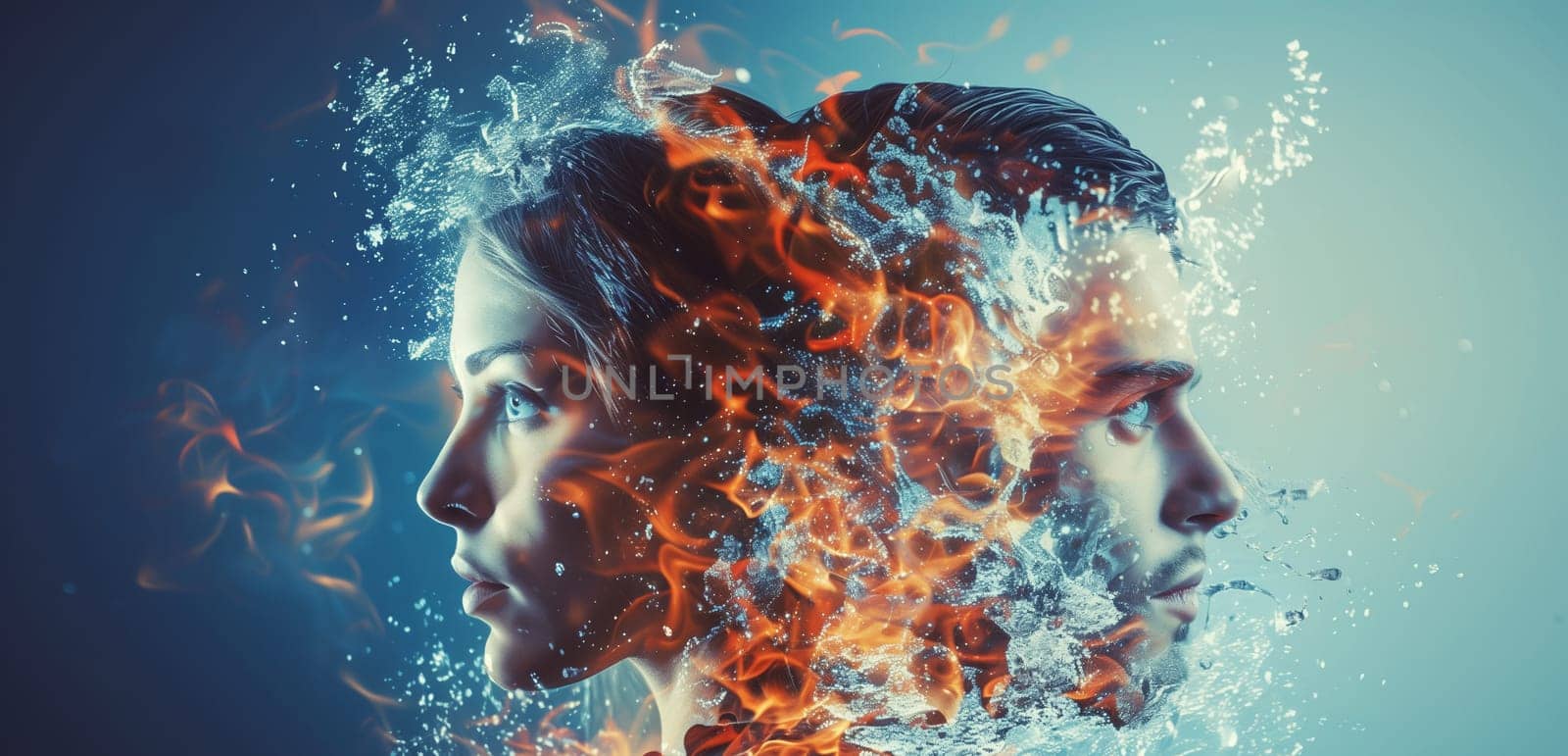 Double exposure portrait profile of couple, woman and man with fire and water element, relationship concept