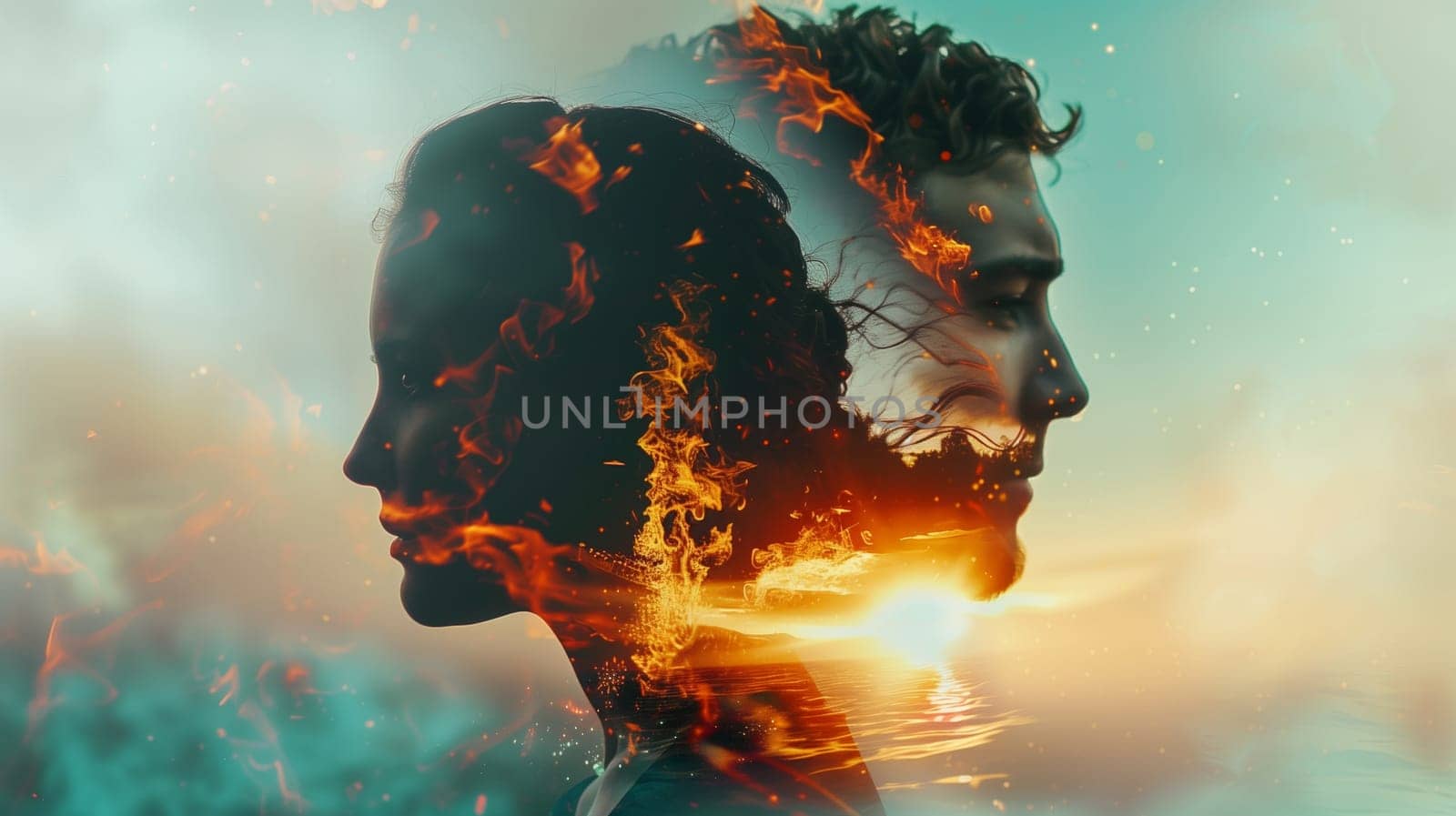 Double exposure portrait profile of couple, woman and man with fire and water element, relationship concept