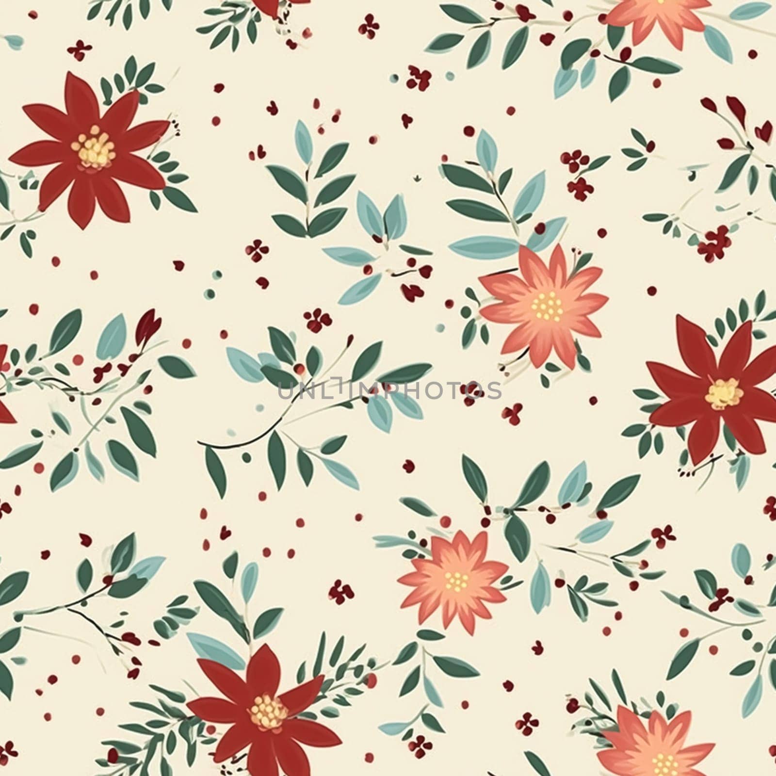 Seamless pattern, tileable vintage holiday botanical poinsettia Christmas country print for wallpaper, wrapping paper, scrapbook, fabric and product design by Anneleven