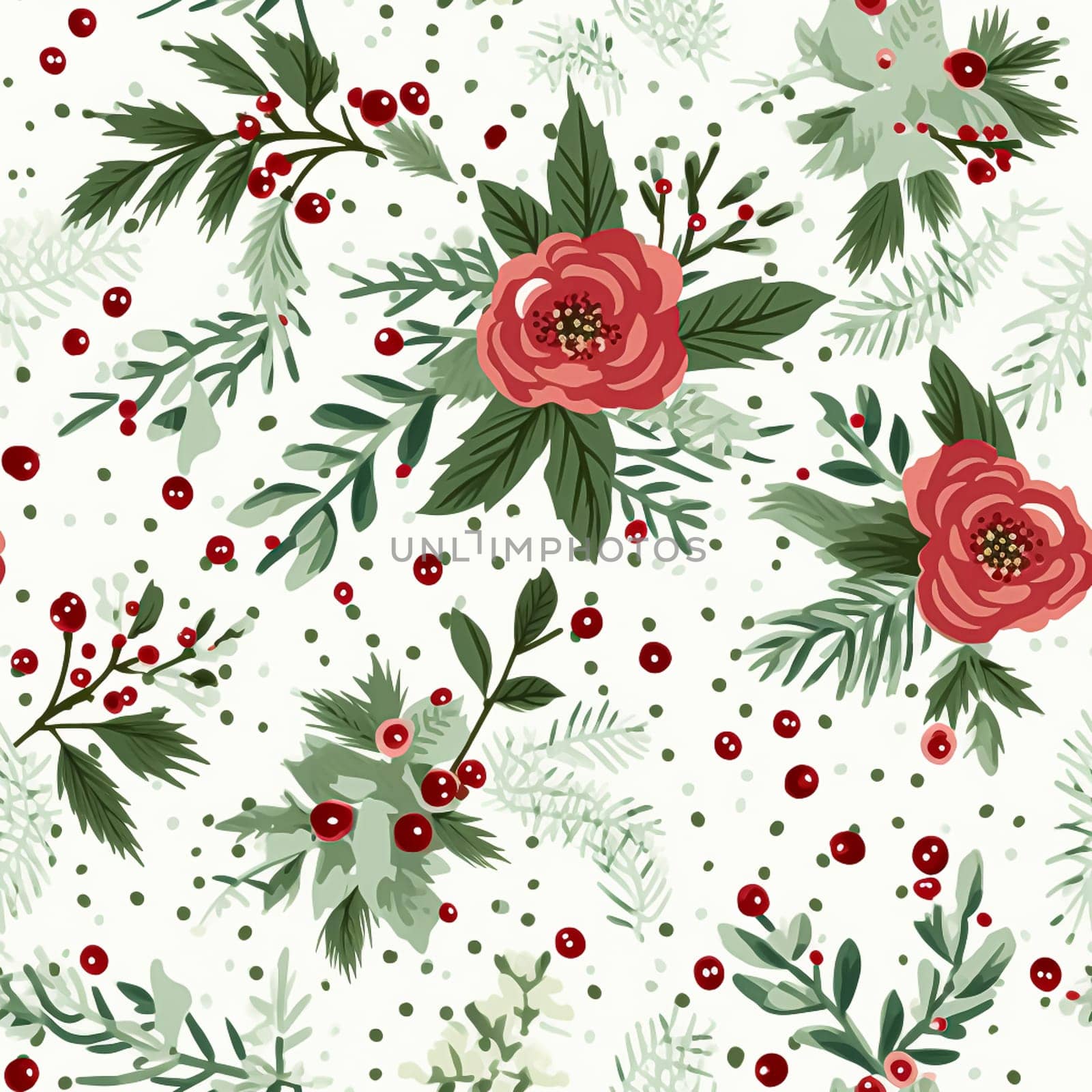 Seamless pattern, tileable Christmas holiday floral, country flowers dots print, English countryside roses for wallpaper, wrapping paper, scrapbook, fabric and product design motif