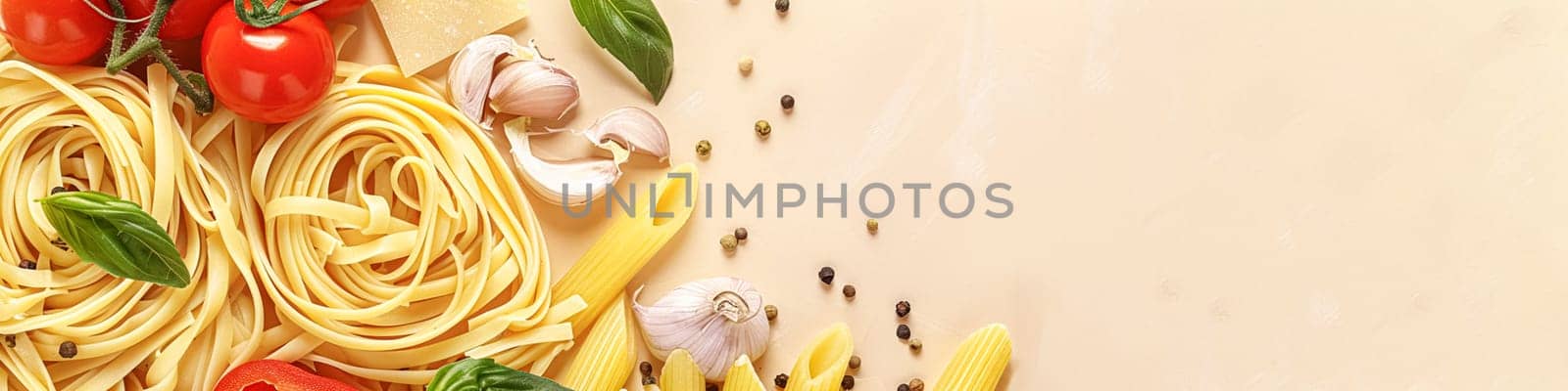 Pasta recipe preparation flatlay background with ingredients, spaghetti, olive oil, garlic, tomatoes and spices in the kitchen, homemade food recipe idea