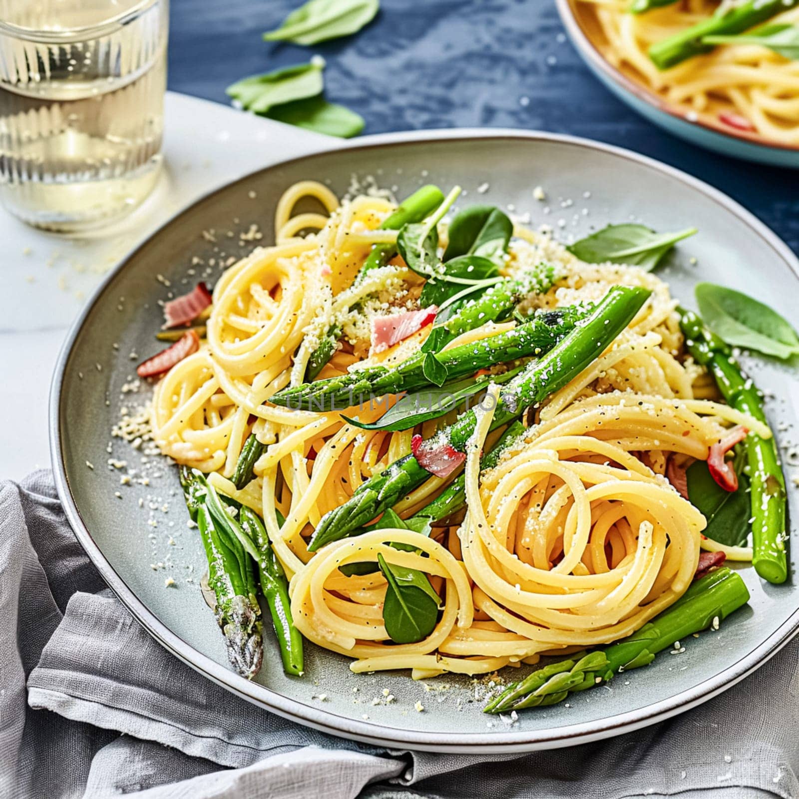 Pasta with asparagus, bacon and parmesan cheese