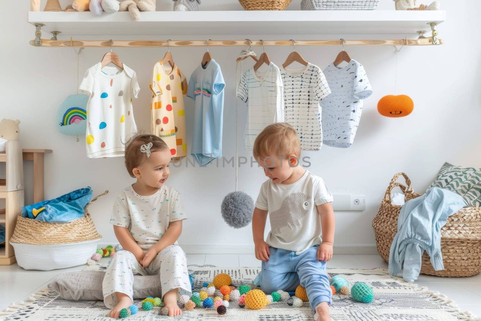 Two young boys are looking at a clothes rack in a room by itchaznong