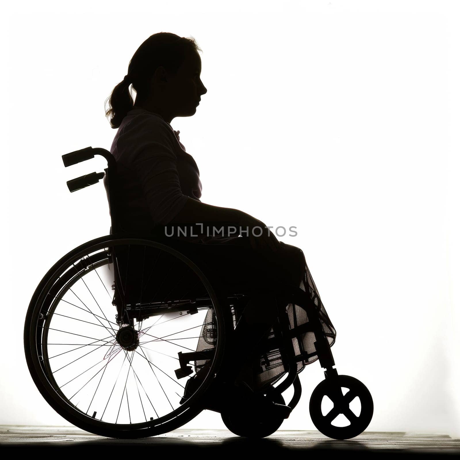 Profile view silhouette of a young girl -in a wheelchair isolated in white background.
