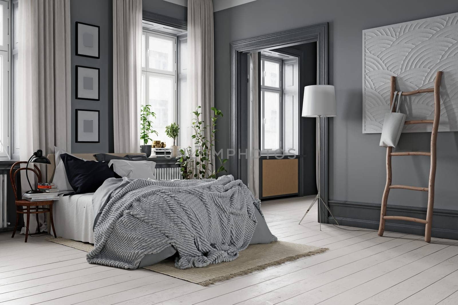 Modern cozy bedroom interior. Render 3D