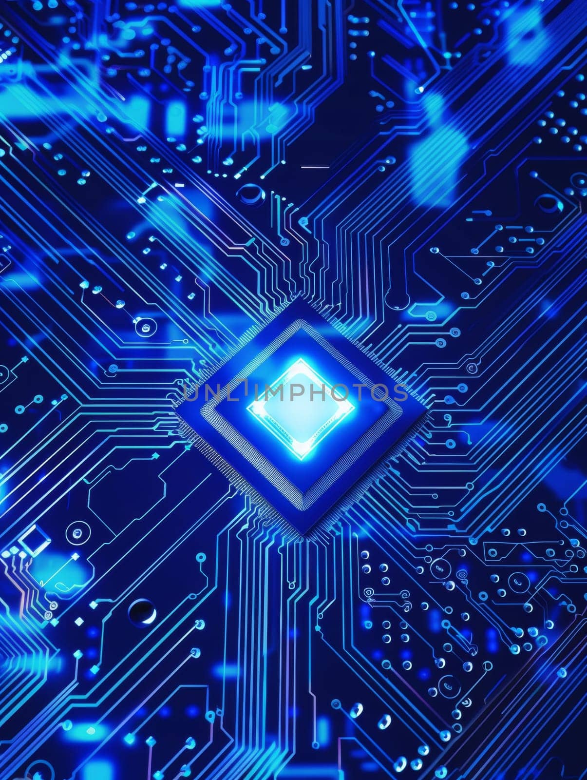 Abstract blue circuit board background with a square chip glowing in the center. Digital technology concept.