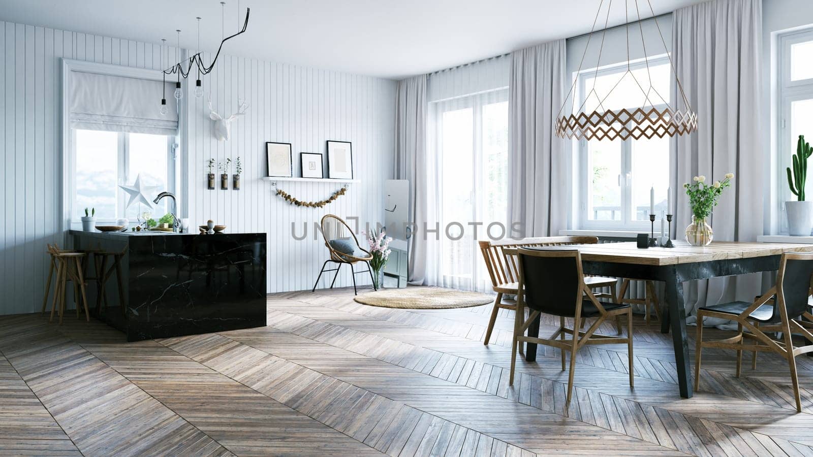 Interior of dining room with table, chairs, big window, and elegant accessories in modern home decor. 3d render design