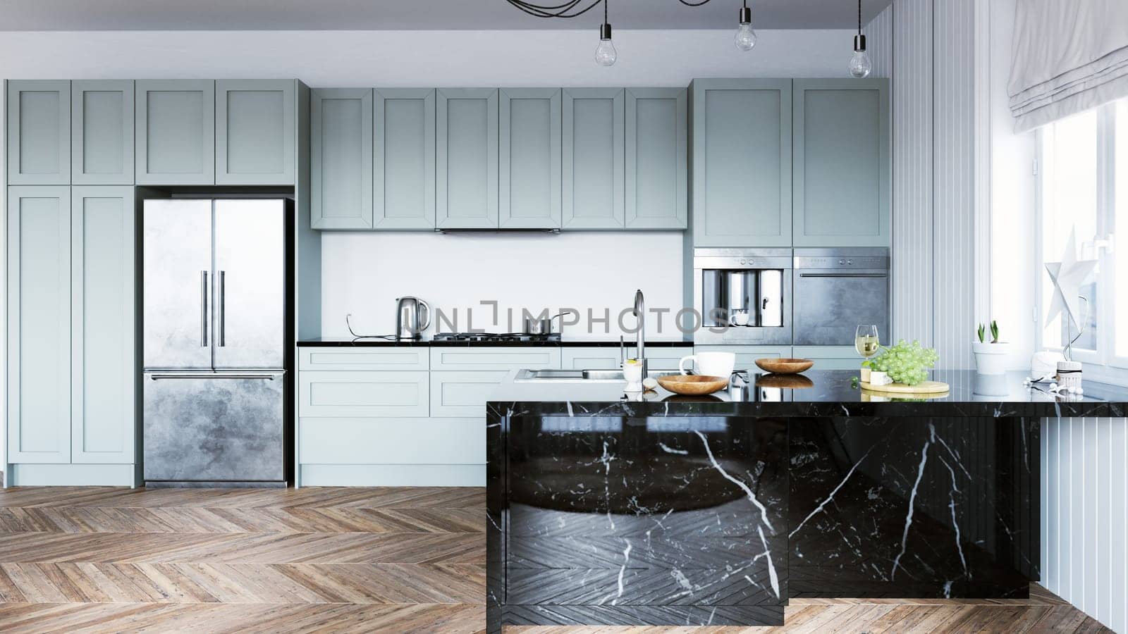 Beautiful luxury home kitchen with white cabinets. 3d render