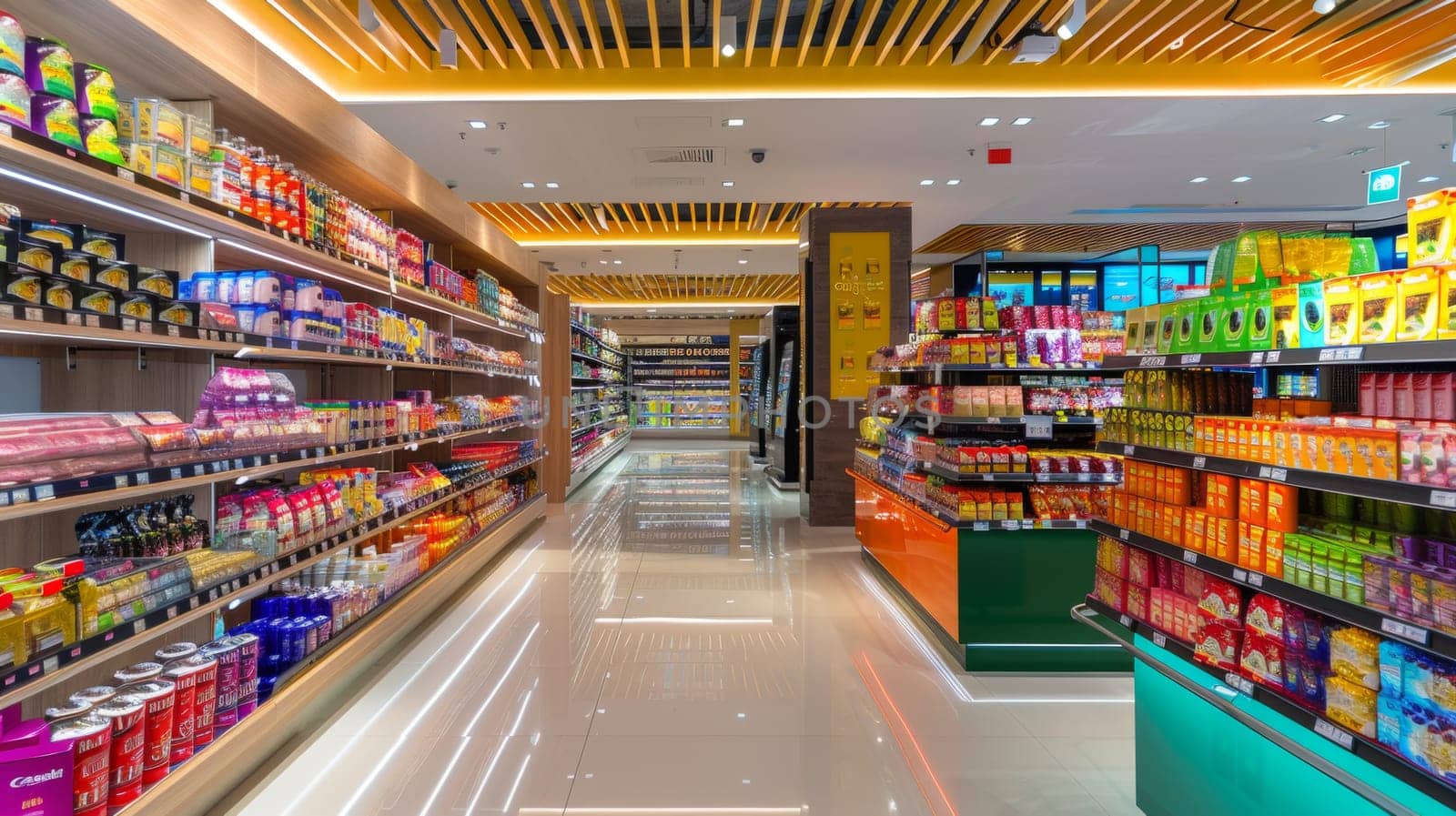 Shot of a empty aisle in a big supermarket full of products.