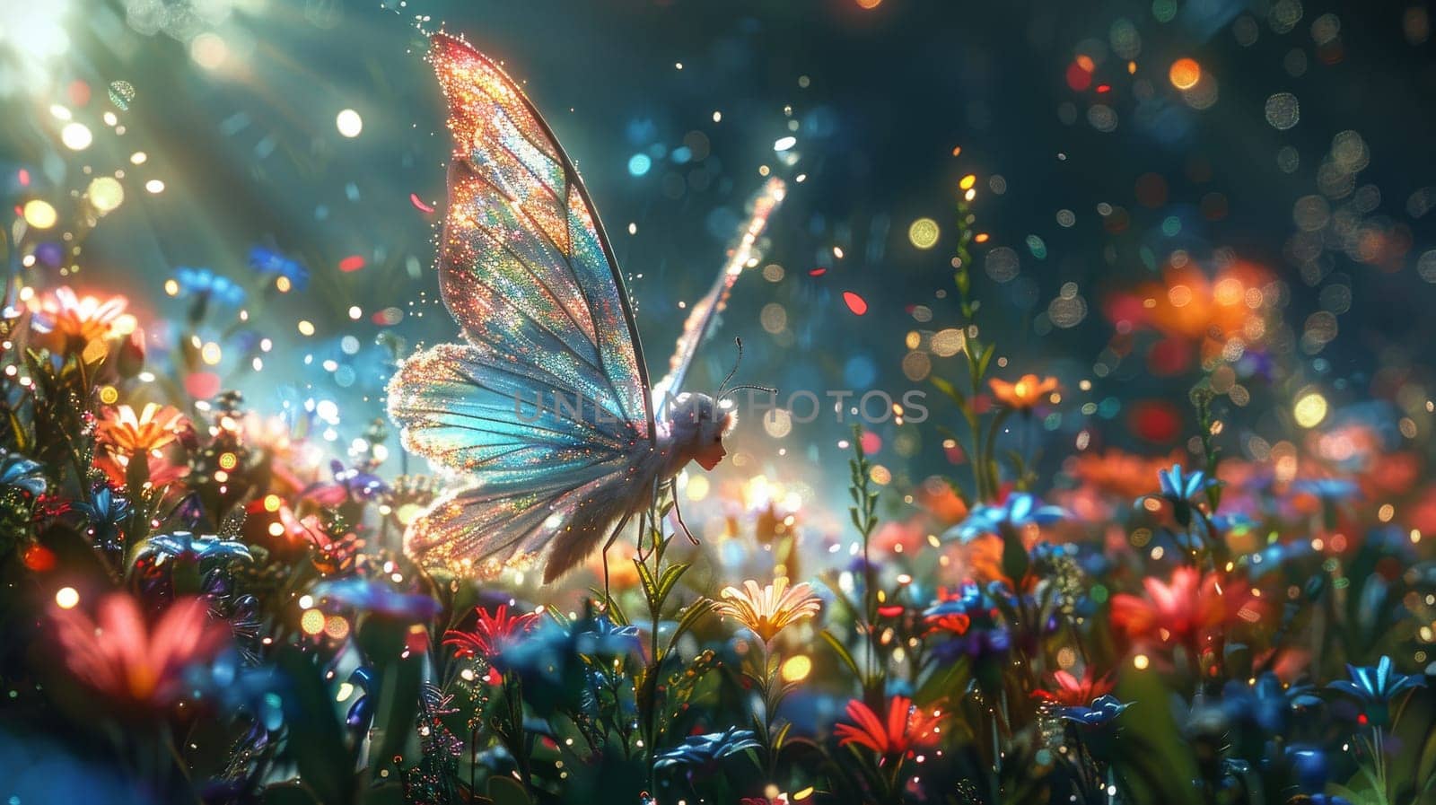A fairy is walking through a field of flowers, with a butterfly following her. The scene is filled with bright colors and a sense of magic and wonder