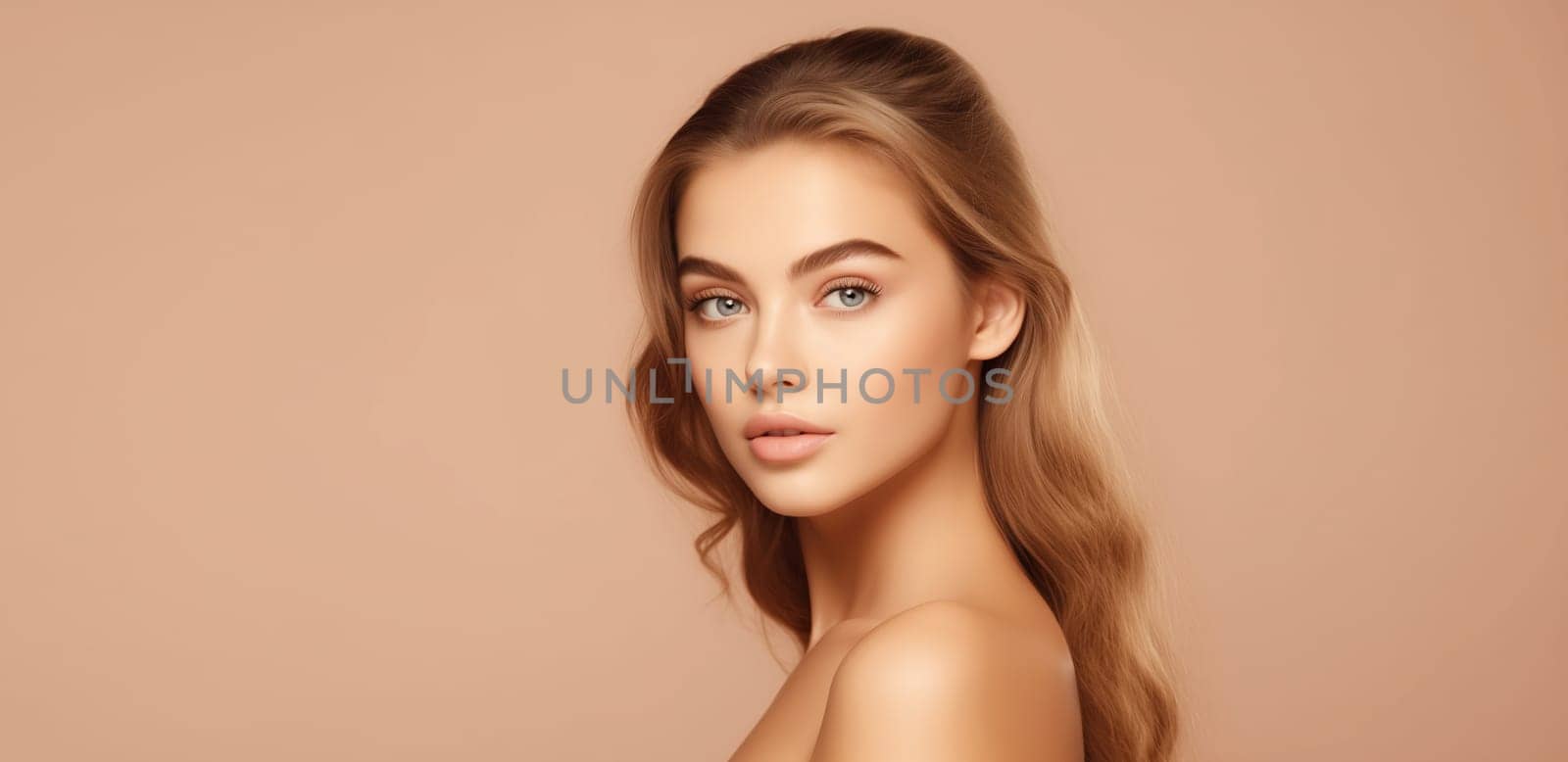 Beauty portrait of pretty young woman with healthy skin, beautiful lovely model posing on beige studio background