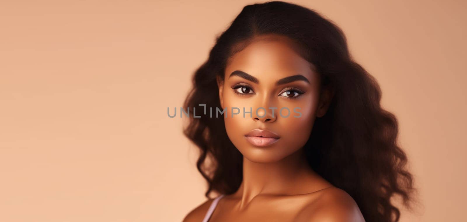 Beauty portrait of pretty young African woman with long hair, beautiful lovely model posing on brown studio background