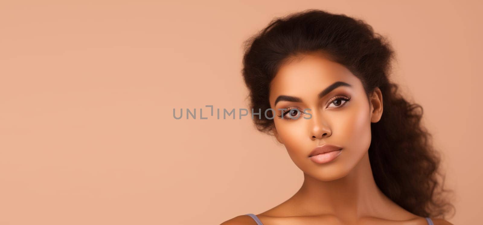 Beauty portrait of pretty young African woman with long hair, beautiful lovely model posing on brown studio background