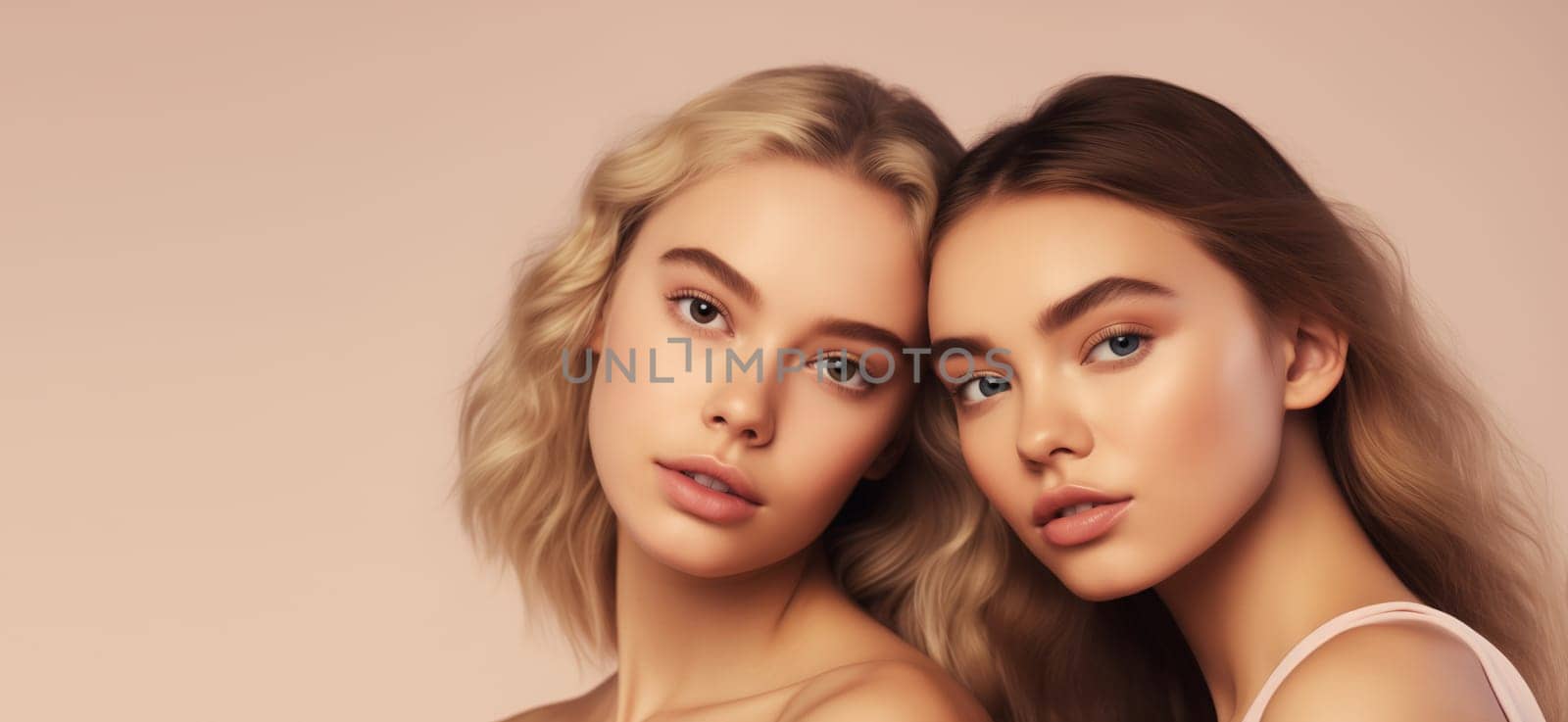 Beauty portrait of two young women with clean healthy skin, beautiful lovely female models posing together on studio background