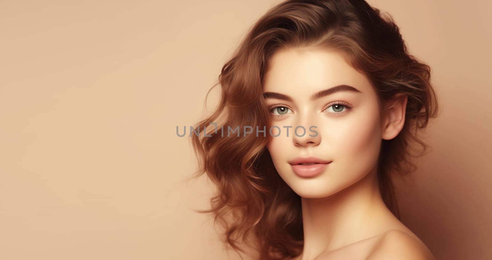 Beauty portrait of pretty young woman with healthy skin, beautiful lovely model posing on beige studio background