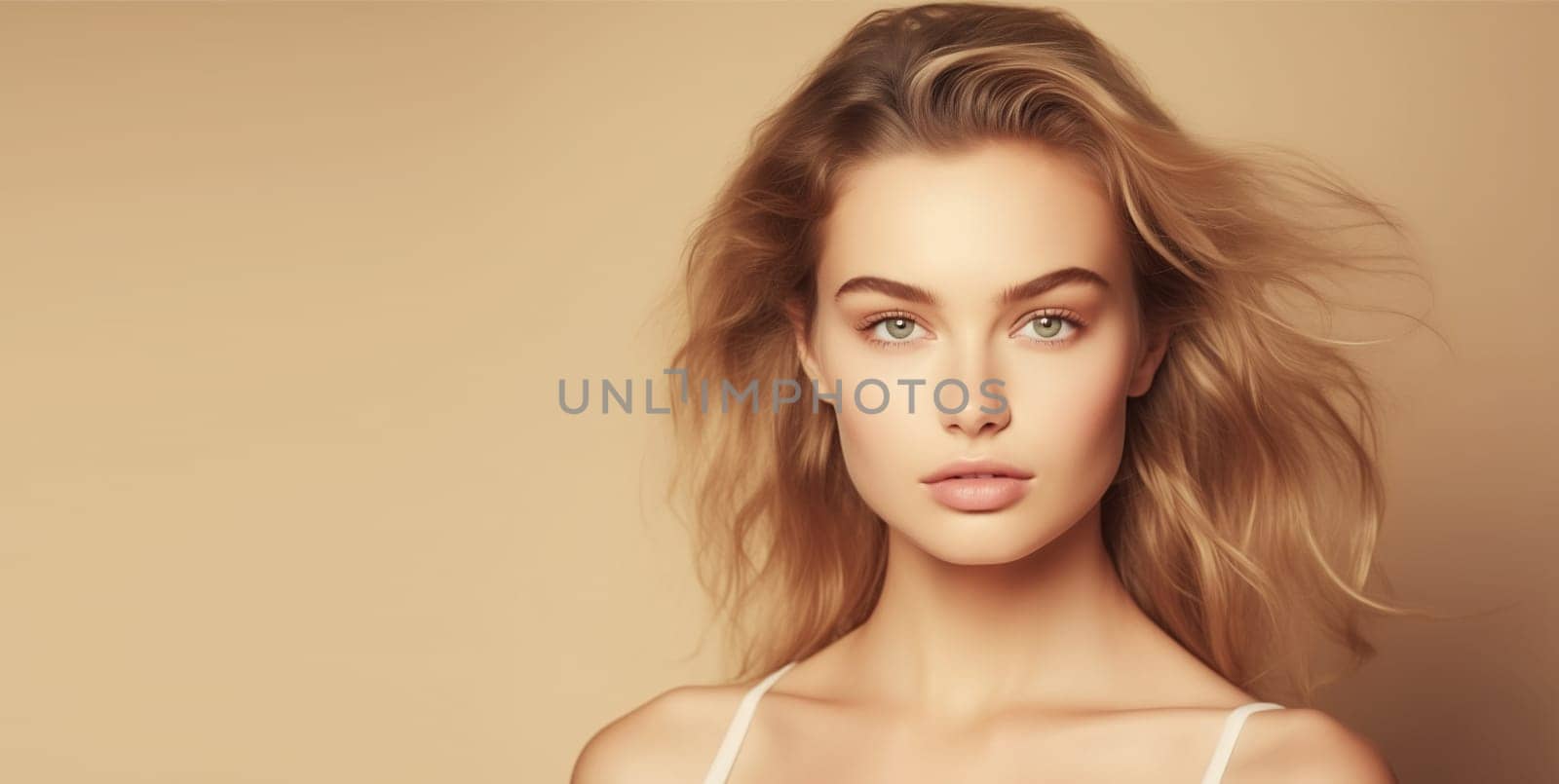 Beauty portrait of pretty young woman with healthy skin, beautiful lovely model posing on beige studio background