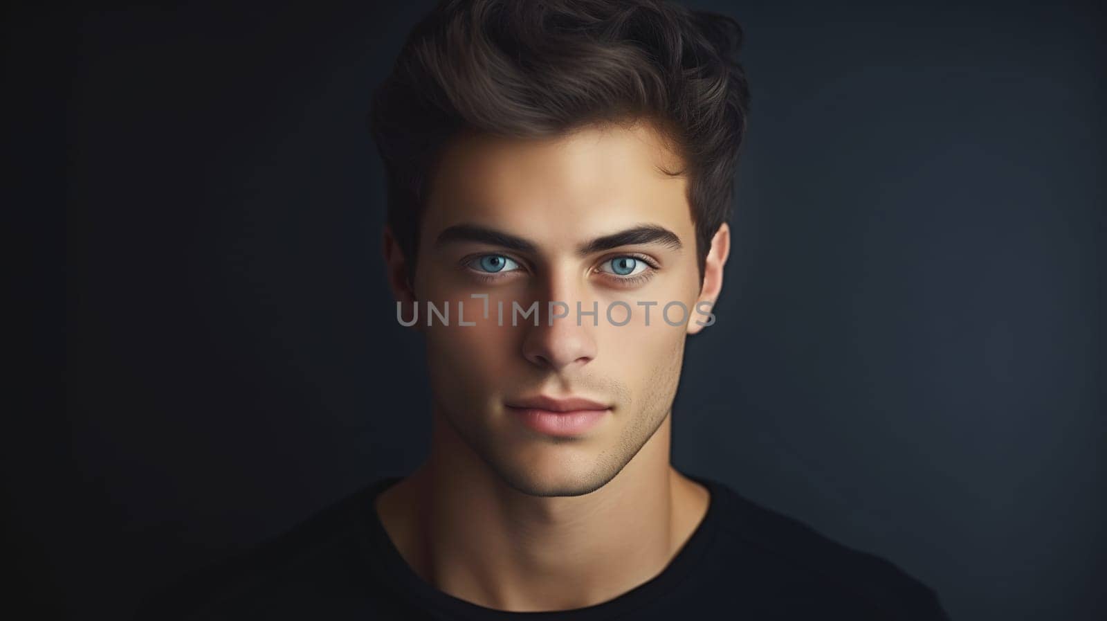 Portrait of handsome caucasian young man looking at camera posing on black studio background