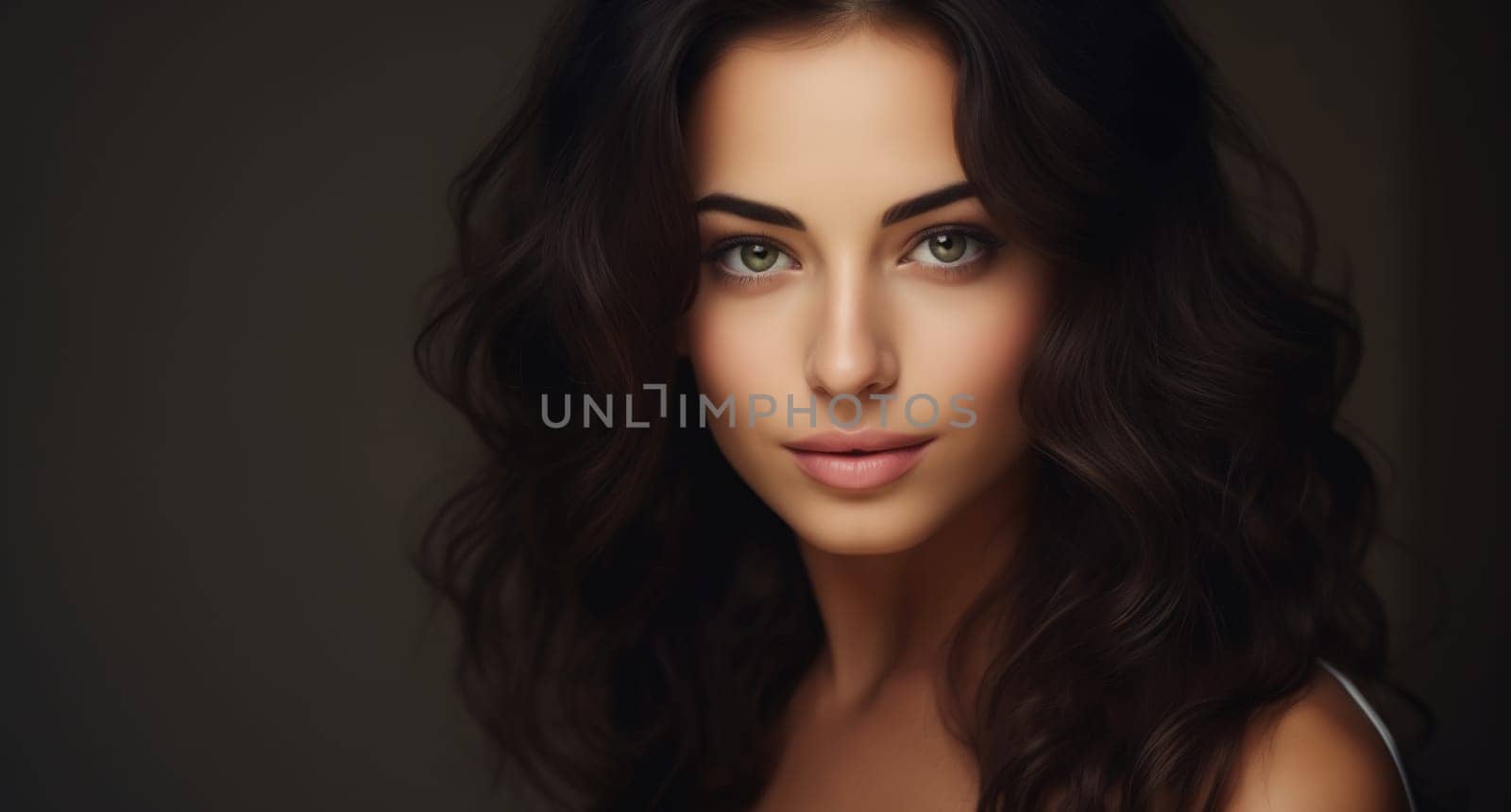 Beauty portrait of pretty young woman with curly hair, beautiful lovely model posing on studio background