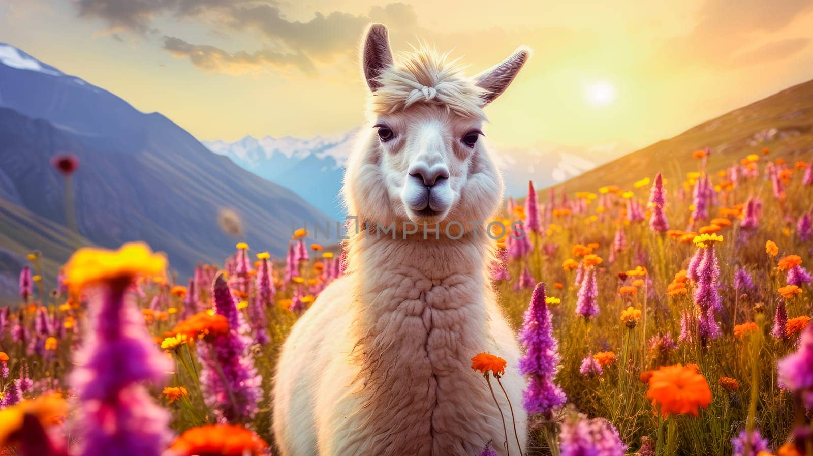 Cute, beautiful llama in a field with flowers in nature, in sunny pink rays. Environmental protection, the problem of ocean and nature pollution. Advertising travel agency, pet store, veterinary clinic, phone screensaver, beautiful pictures, puzzles