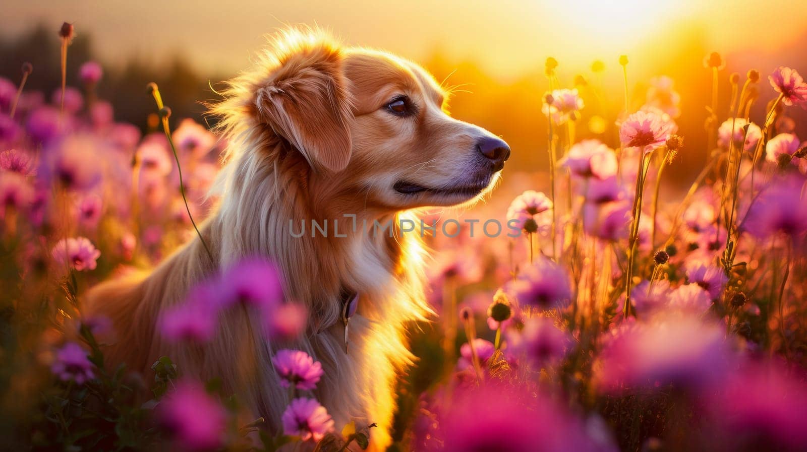 Cute, beautiful dog in a field with flowers in nature, in sunny pink rays. Environmental protection, nature pollution problem, wild animals. Advertising for a travel agency, pet store, veterinary clinic, phone screensaver, beautiful pictures, puzzles